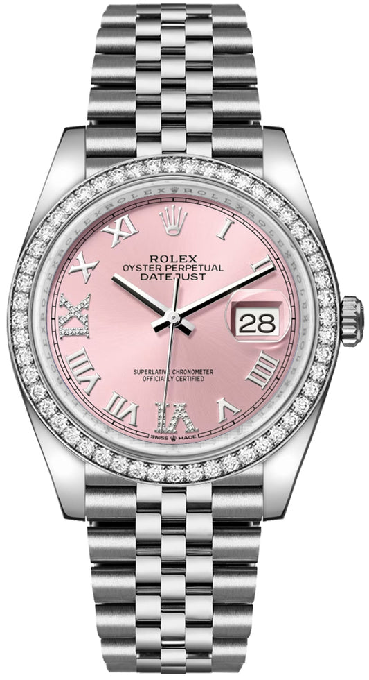 Rolex Datejust 36 Pink Roman Dial Diamonds Unisex Watch 126284RBR-0023