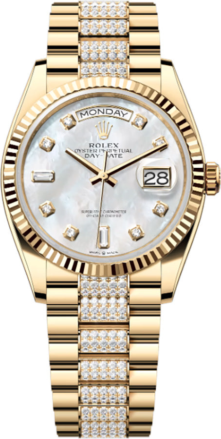 Rolex Day-Date Diamond Bracelet Mother Of Pearl Dial Unisex Watch 128238-0032