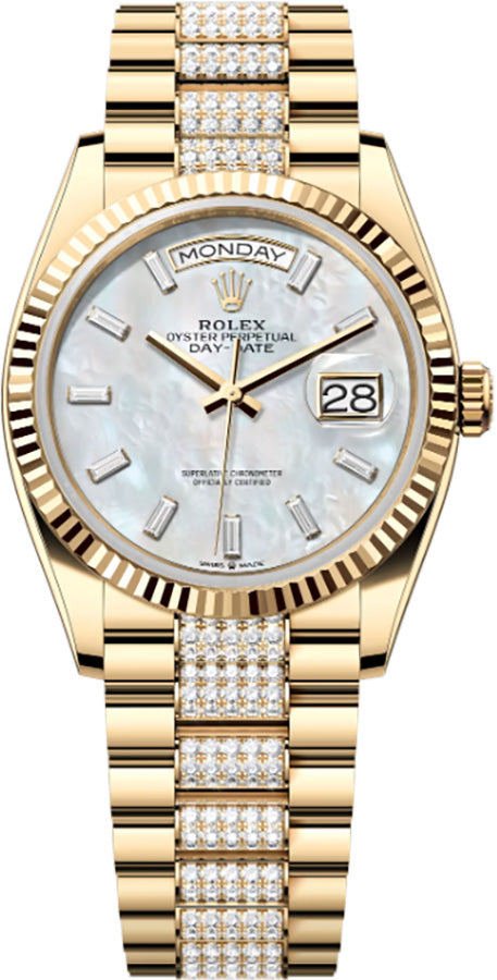 Rolex Day-Date 36 Diamond Bracelet Mother Of Pearl Dial Unisex Watch 128238-0124