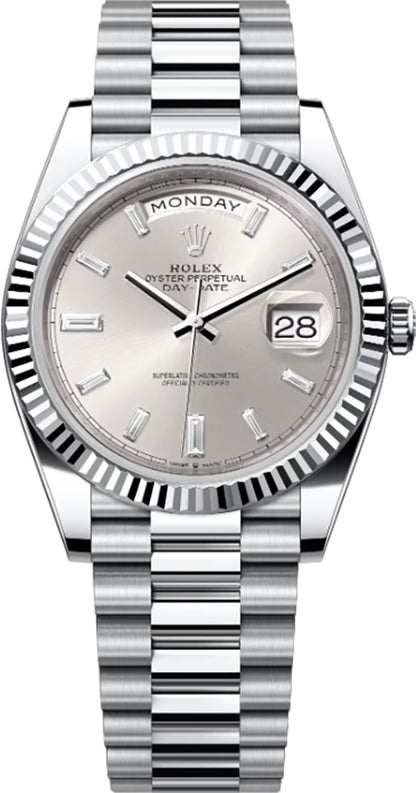 Rolex Day-Date 40 Silver Dial Baguette Diamonds Men's Watch 228236-0002