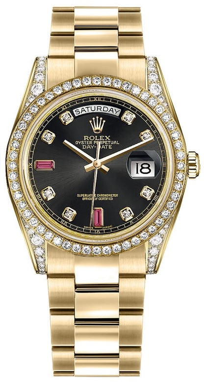 Rolex Day-Date 36 Black Diamond Rubies Gold Watch 118388-0136