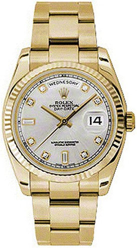 Rolex Day-Date 36 Silver Diamond Dial Fluted Gold Watch 118238-0163