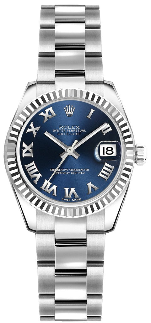 Rolex Lady-Datejust 26 Blue Roman Numeral Oyster Bracelet Watch 179174