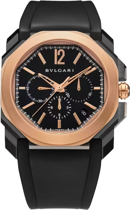 Bvlgari Octo Black Steel Case Rose Gold Bezel Men's Watch 102488