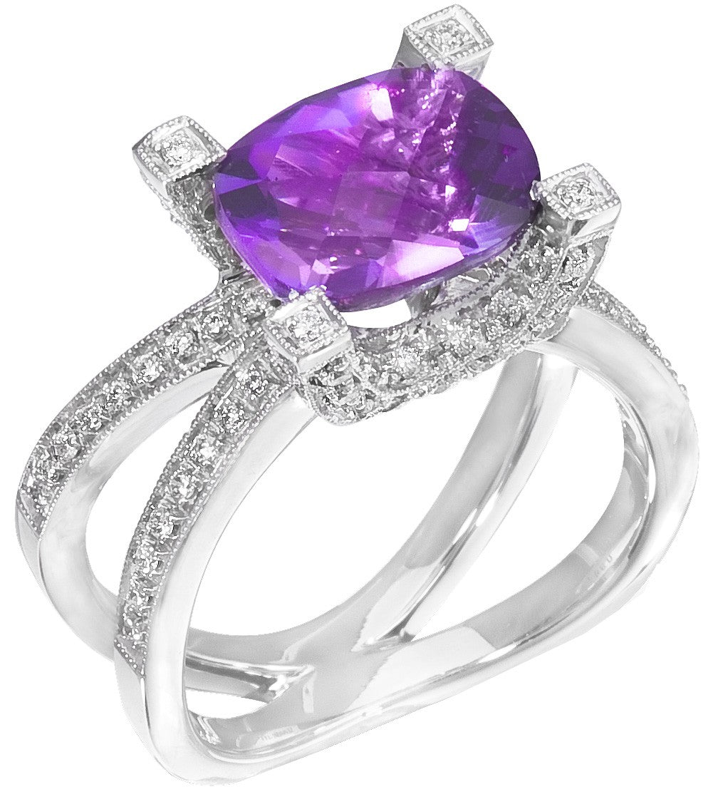 Diamond Ring, .38 Carat Diamonds 3.60 Carat Amethyst on 14K White Gold