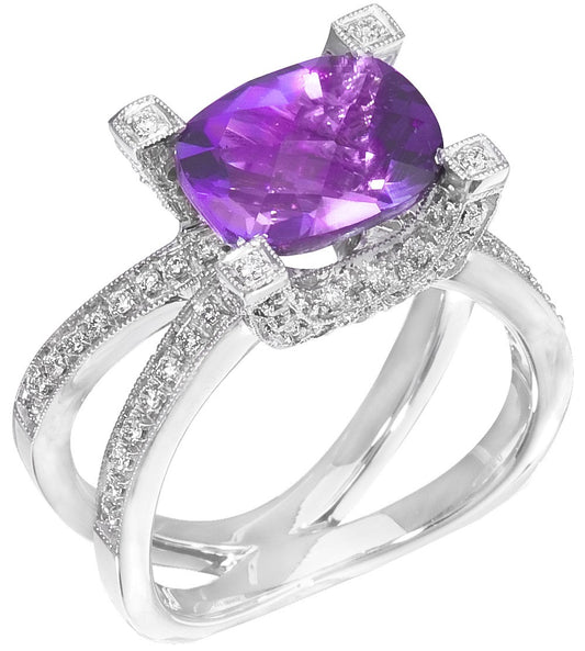 Diamond Ring, .38 Carat Diamonds 3.60 Carat Amethyst on 14K White Gold