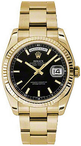 Rolex Day-Date 36 Black Dial Gold Oyster Bracelet Watch 118238-0194