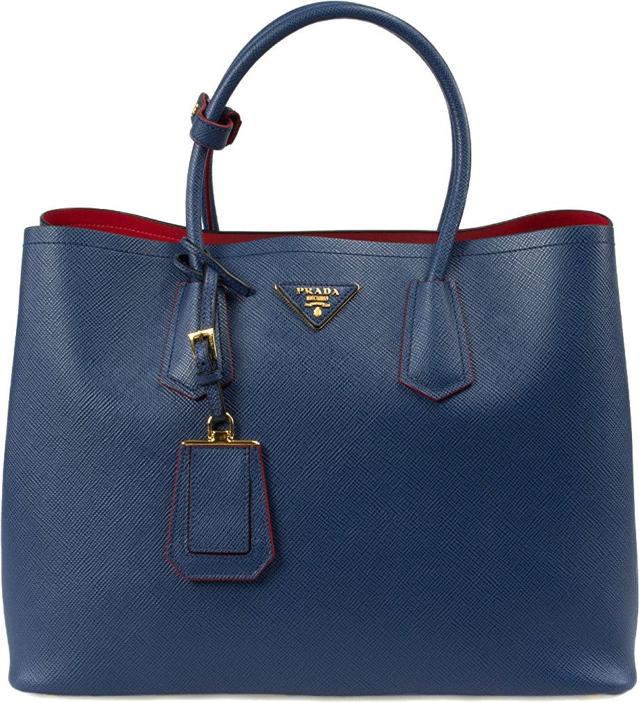 Blue with Red Lining Prada Saffiano Cuir Double Large Tote Bag