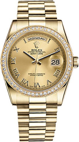 Rolex Day-Date 36 Champagne Roman Numeral Dial Gold Watch 118348-0147