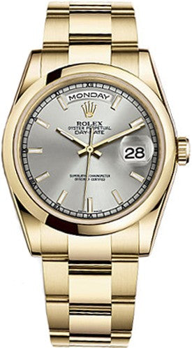 Rolex Day-Date 36 Silver Dial Gold Watch 118208-0106