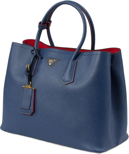 Blue with Red Lining Prada Saffiano Cuir Double Large Tote Bag