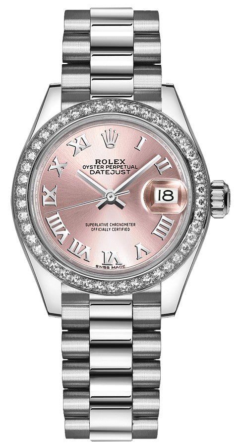 Rolex Lady-Datejust 28 Pink Roman Numeral Platinum Diamond Watch 279136RBR-0012