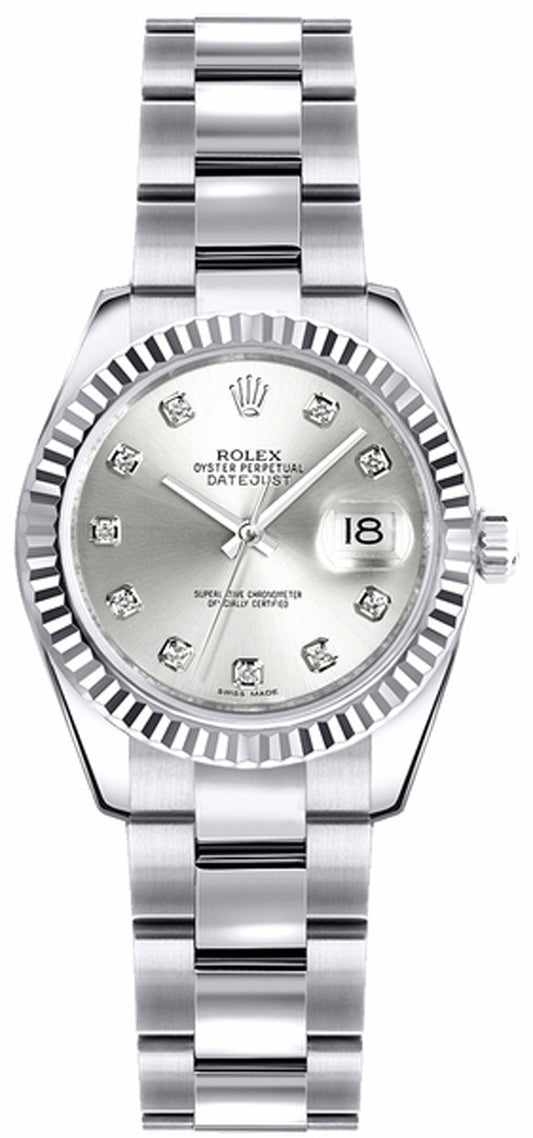 Rolex Lady-Datejust 26 Silver Diamond Oyster Bracelet Watch 179179