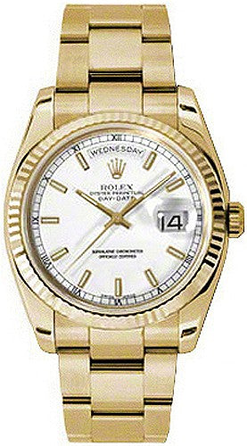 Rolex Day-Date 36 White Dial Fluted Bezel Gold Watch 118238