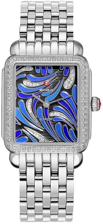 Michele Deco II Peacock Patterned Blue & Diamond Dial Ladies Watch MWW06X000031