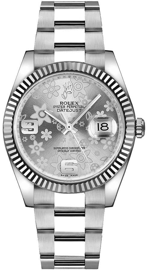 Rolex Datejust 36 Silver Floral Dial Women's Watch 116234-0143