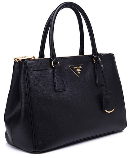 Prada Black Saffiano Lux Small Double-Zip Tote Bag with Gold Hardware