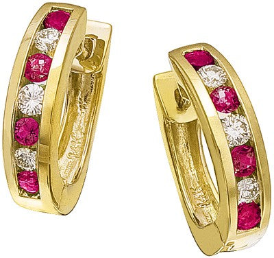 Diamond Earrings, .20 Carat Round Diamonds .36 Carat Red Rubys on 14K Yellow Gold