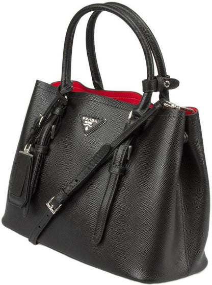 Black with Red Lining Prada Saffiano Cuir Double Medium Tote Bag