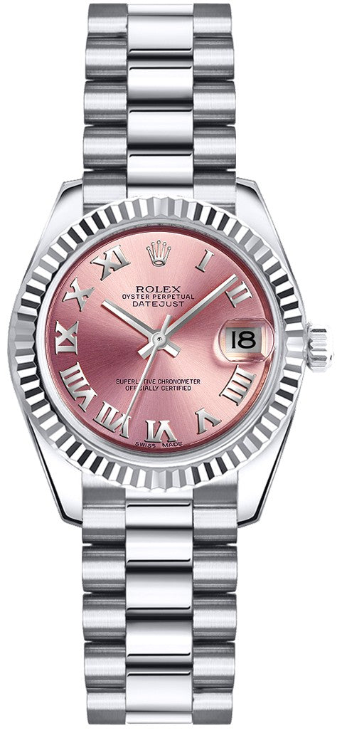 Rolex Lady-Datejust 26 Pink Roman Numeral President Bracelet Watch 179179