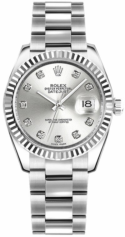 Rolex Datejust 31 Silver Diamond Oyster Bracelet Watch 128274-0030