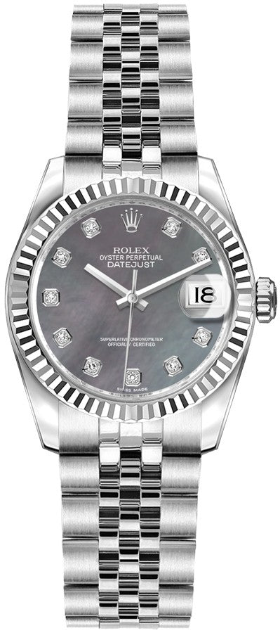 Rolex Lady-Datejust 26 White Gold Fluted Bezel Women's Swiss Watch 179174