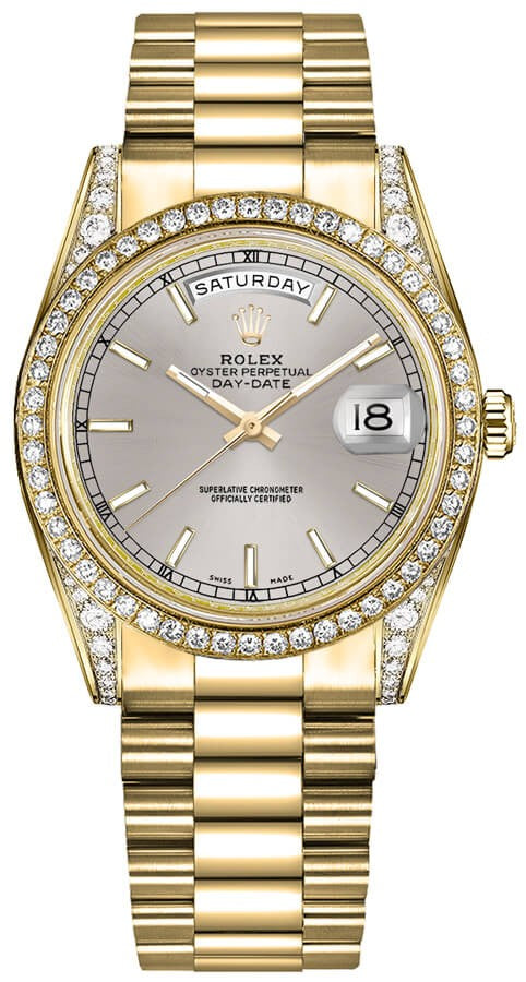 Rolex Day-Date 36 Silver Dial Diamond Bezel Gold Watch 118388-0112