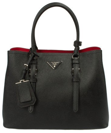 Black with Red Lining Prada Saffiano Cuir Double Medium Tote Bag