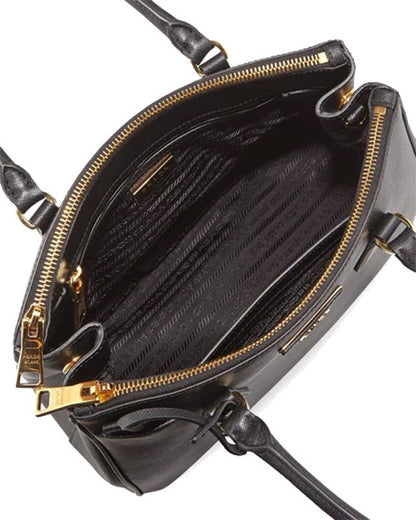 Prada Black Saffiano Lux Small Double-Zip Tote Bag with Gold Hardware