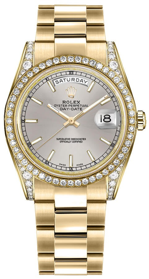 Rolex Day-Date 36 Silver Dial Gold Oyster Bracelet Watch 118388-0185