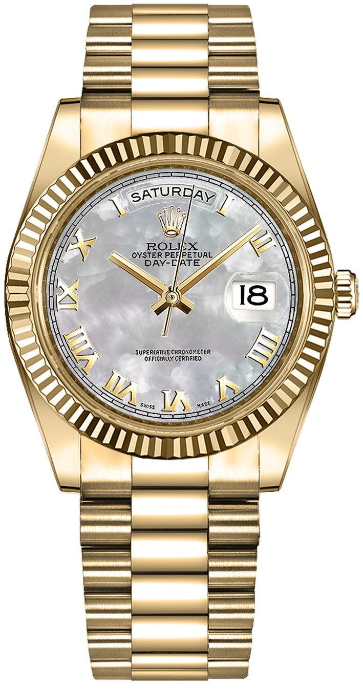 Rolex Day-Date 36 Mother of Pearl Roman Numeral Gold Watch 118238