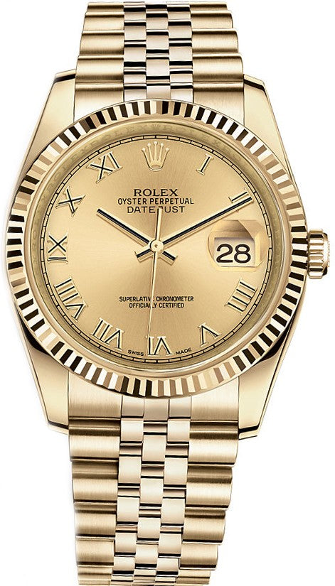 Rolex Datejust 36 Champagne Roman Numeral Gold Watch 116238-0070