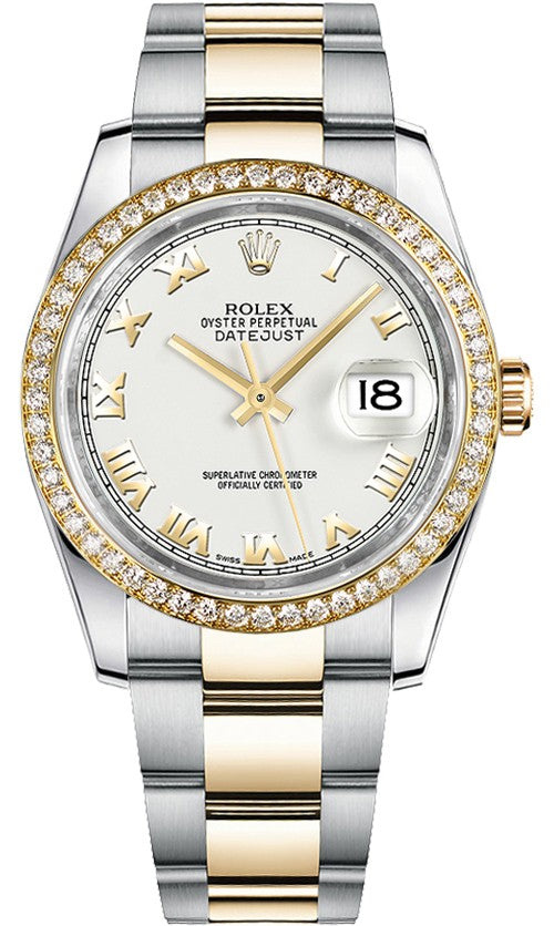 Rolex Datejust 36 White Roman Numeral Diamond Oyster Bracelet Watch 116243