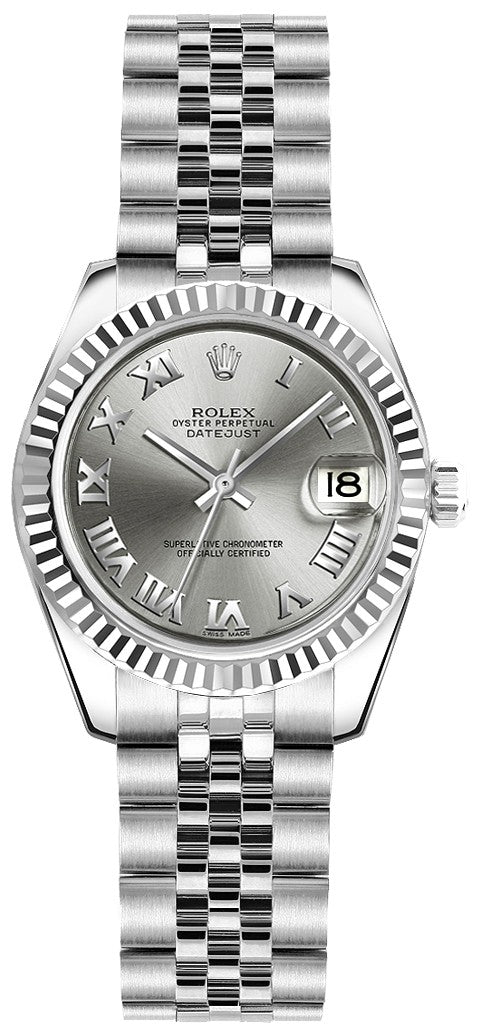 Rolex Lady-Datejust 26 White Gold Fluted Bezel Women's Watch 179174