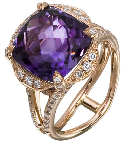 Diamond Ring, .61 Carat Diamonds 7.75 Carat Amethyst on 14K Rose Gold