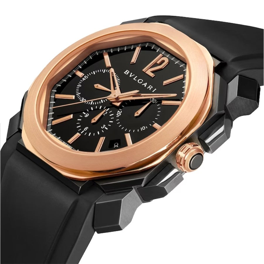 Bvlgari Octo Black Steel Case Rose Gold Bezel Men's Watch 102488