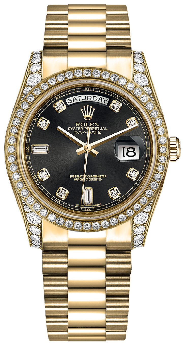 Rolex Day-Date 36 Black Diamond Gold Watch 118388-0021