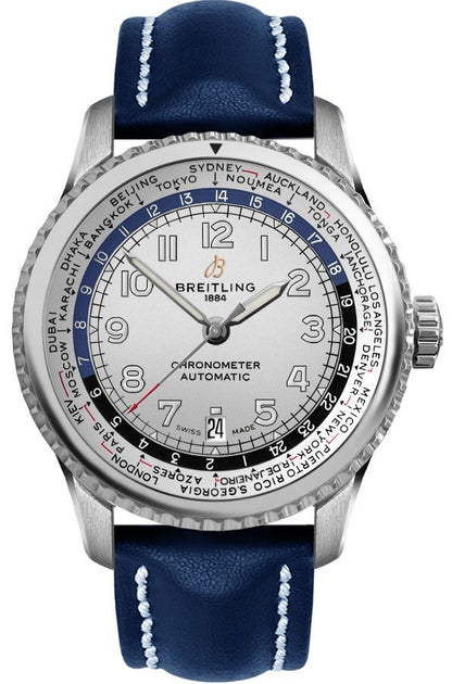 Breitling Aviator 8 B35 Automatic Unitime 43 Blue Leather Men's Watch AB3521U0/G838-101X