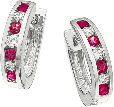 Diamond Earrings, .19 Carat Round Diamonds .21 Carat Red Rubys on 14K White Gold