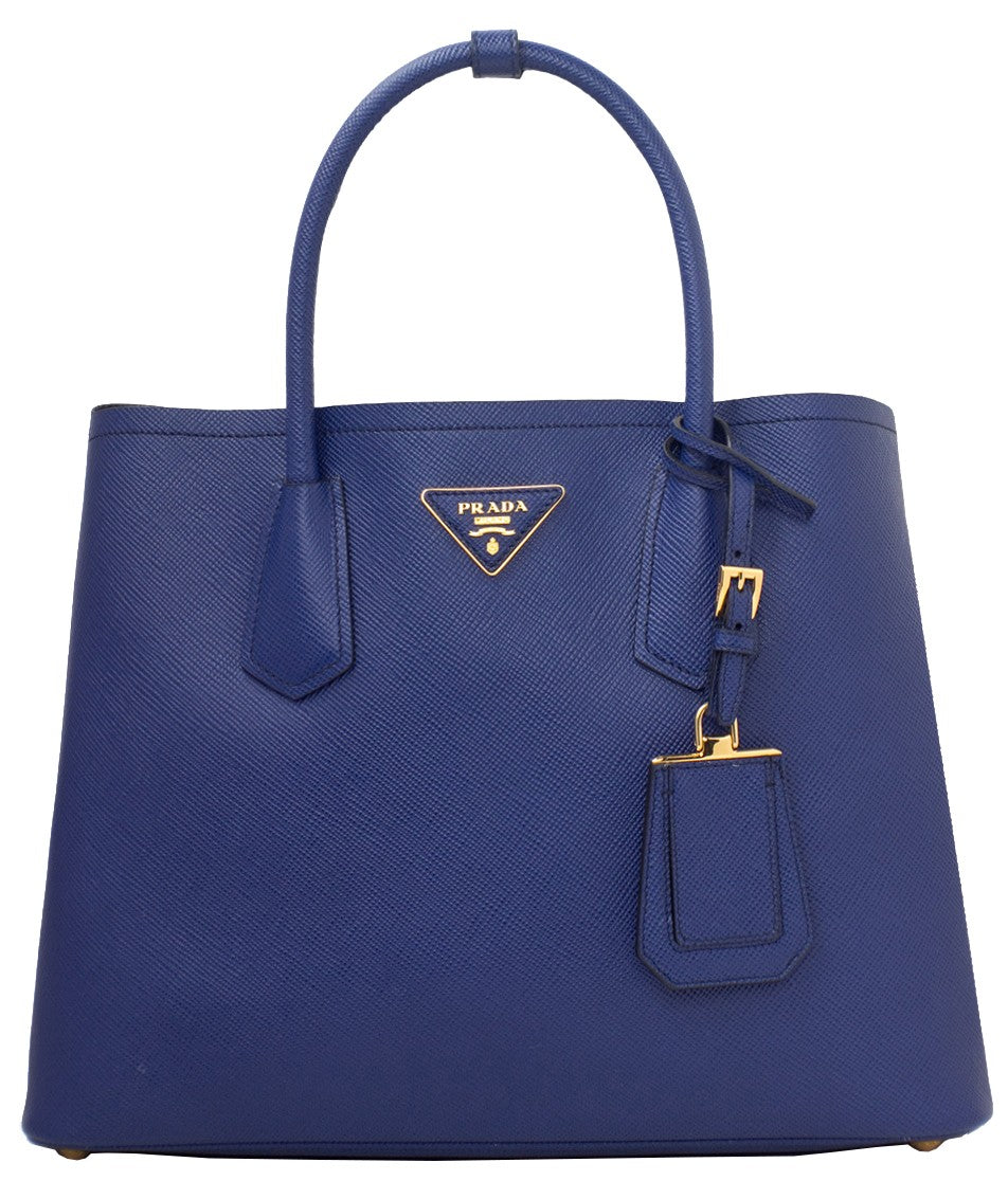 Prada Blue Saffiano Cuir Double Medium Tote Bag