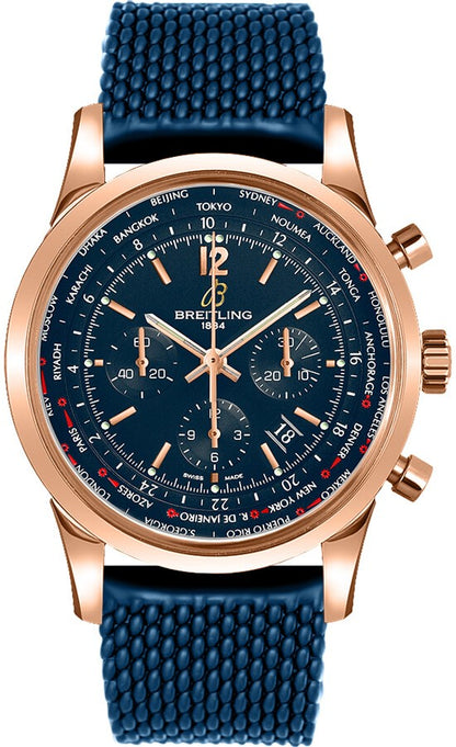 Breitling Transocean Unitime Pilot 18k Rose Gold Blue Dial Watch RB0510V1/C880-276S