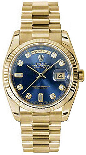 Rolex Day-Date 36 Blue Diamond Fluted Solid Gold Watch 118238