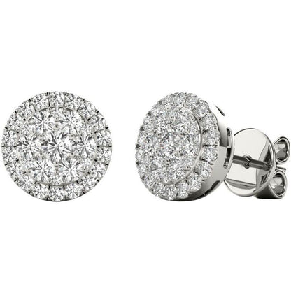 Diamond Halo Pave Earrings, 0.43 Carat on Solid 18k White Gold