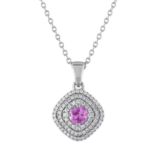 Diamond Pink Sapphire Pendant on Solid 18k White Gold