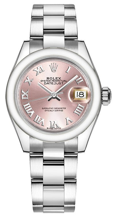 Rolex Lady-Datejust 28 Pink Roman Numeral Oyster Bracelet Watch 279160