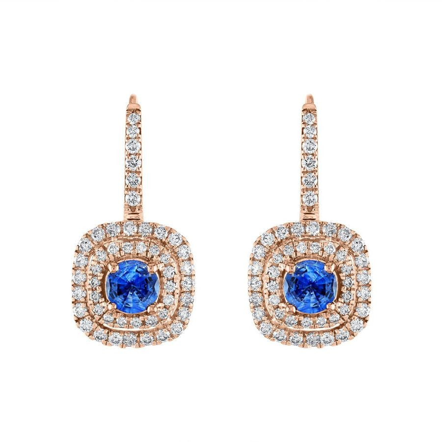 Diamond Blue Sapphire Drop Earrings on 18k Rose Gold