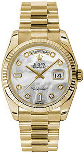 Rolex Day-Date 36 Mother of Pearl Diamond Yellow Gold Watch 118238-0115