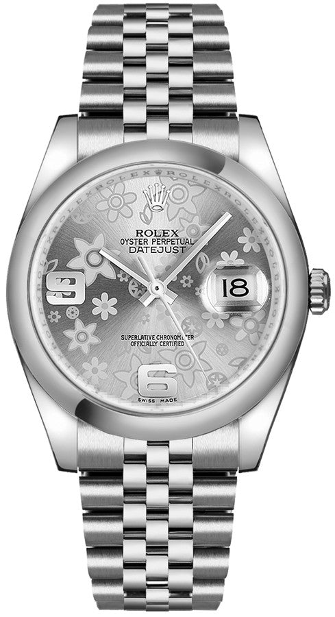 Rolex Datejust 36 Silver Floral Ladies Watch 116200-0085