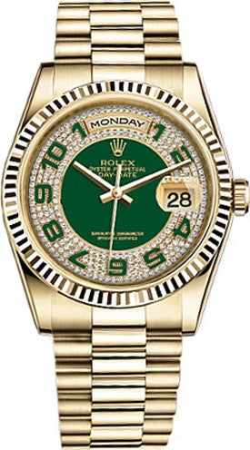 Rolex Day-Date 36 Green Diamond Pave Dial Gold Watch 118238-0237