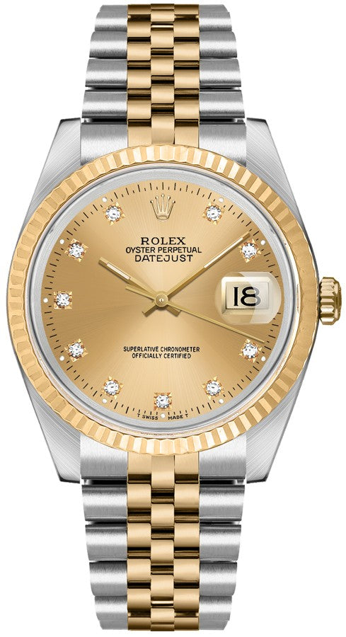 Rolex Datejust 36 Champagne Diamond Dial Unisex Watch 16233